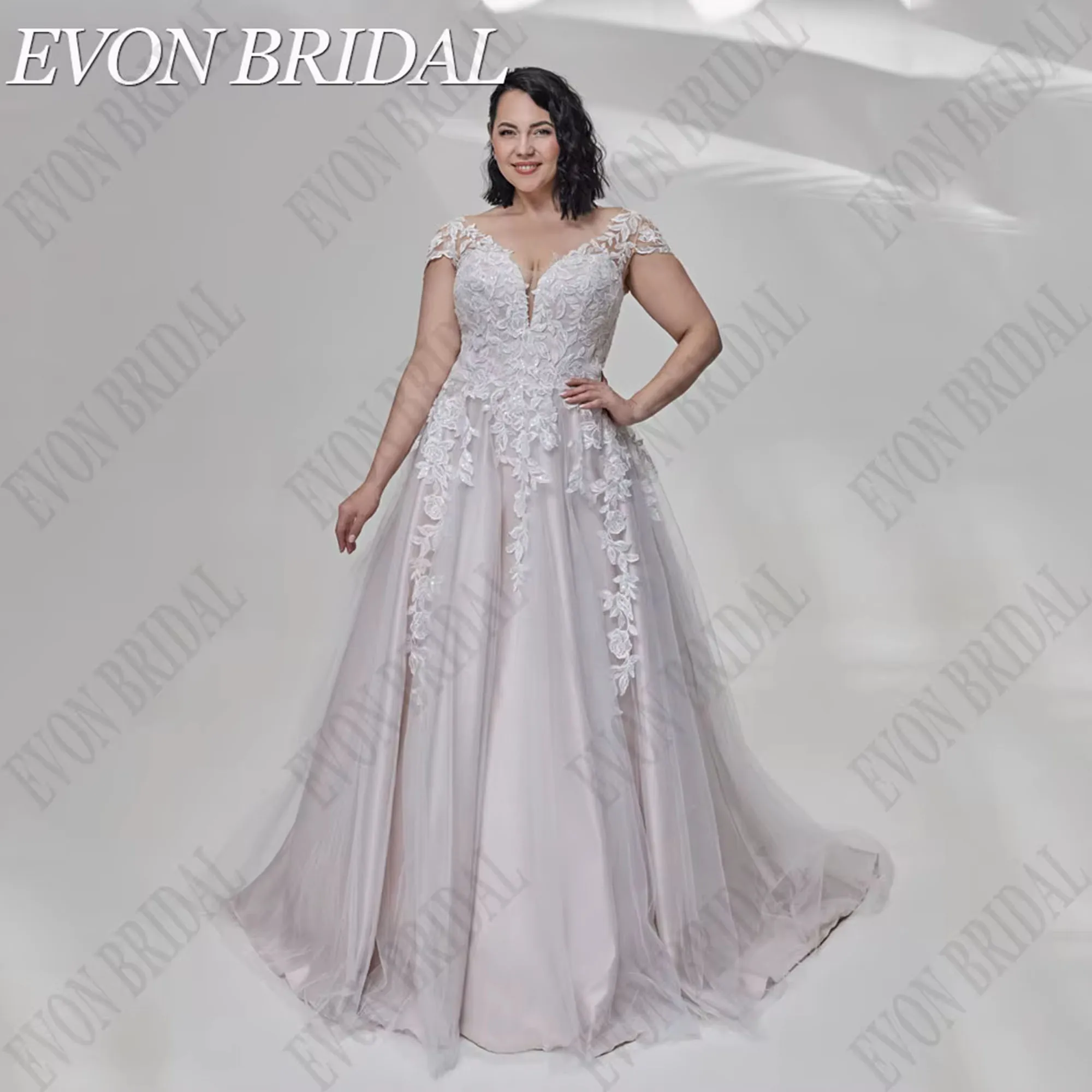 

Elegant Plus Size Bride Gowns Short Sleeves Lace Up Wedding Dress Women Applique A Line Bridal Dress Customized EVON BRIDAL