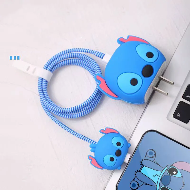 Licensed 3D Cute Disney Stitch Fast Charger Protector Charging Cable Charger Head Cover Cable Accessory Data Cable Protective