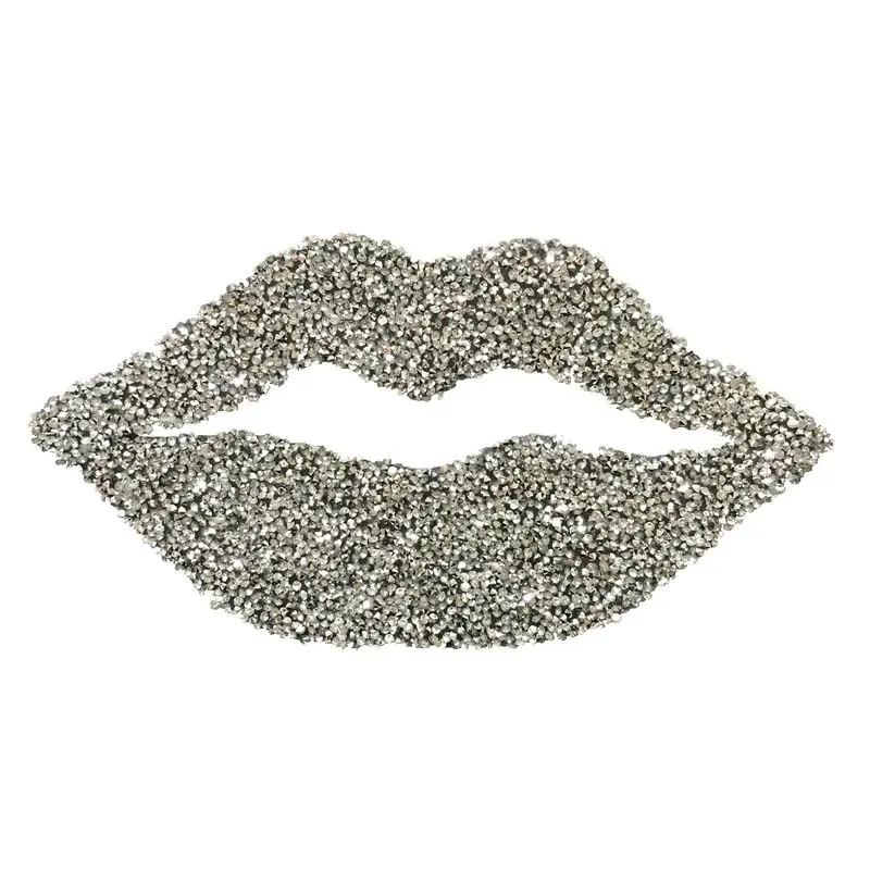 1 Piece 3D Rhinestones Lips Iron on Patch Large Crystal Mouth Beaded Applique for Jeans Clothing Decorations Hot Melt Sticker