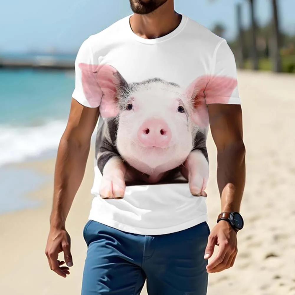 Exquisite Men's T-shirt Polyester Stretch Fabric Cute Pig 3d Print Casual O Neck Shortsleeve Street Campus Top Summer Loose Tees