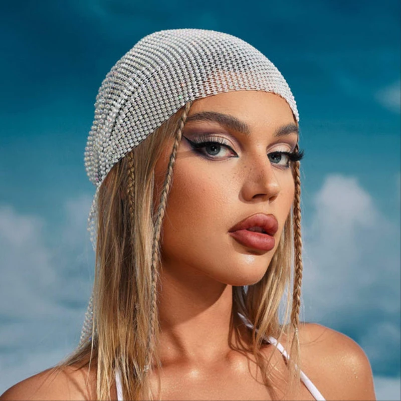 AKYZO Sparkly Diamonds Fishnet Turban Hat for Women Festival Rave Cap Luxury Beanie Rhinestone Y2K Bandana Club Head Wrap