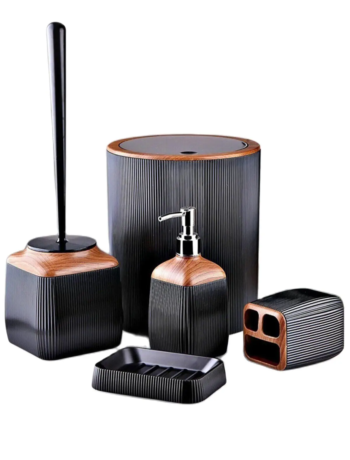 

Bathroom Accessory Set Plastic Wooden Black 5 Pcs Lux Toothbrush Holder Liquid And Solid Soap Dispenser Trash Can Toilet Brush