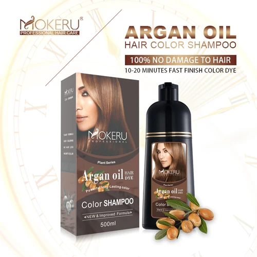 MOKERU Champú para teñir el cabello con aceite de argán: 3 en 1, fórmula de extracto de planta, suave y no irritante para todo tipo de cabello