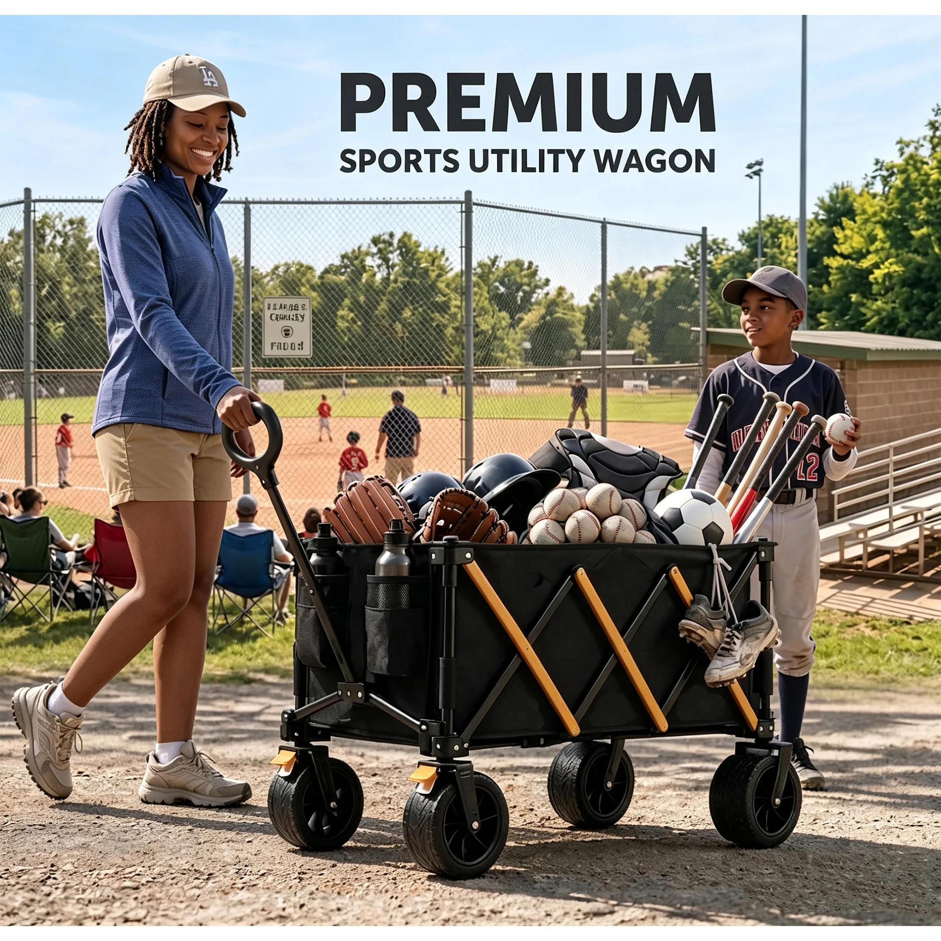 Heavy Duty Collapsible Folding Wagon Cart, Large Capacity Utility Wagon with All-Terrain Wheels & Adjustable Pull Handle, Foldable Steel Frame Outdoor Trolley for Camping, Picnic, Beach, Garden & Grocery Transport - view 5