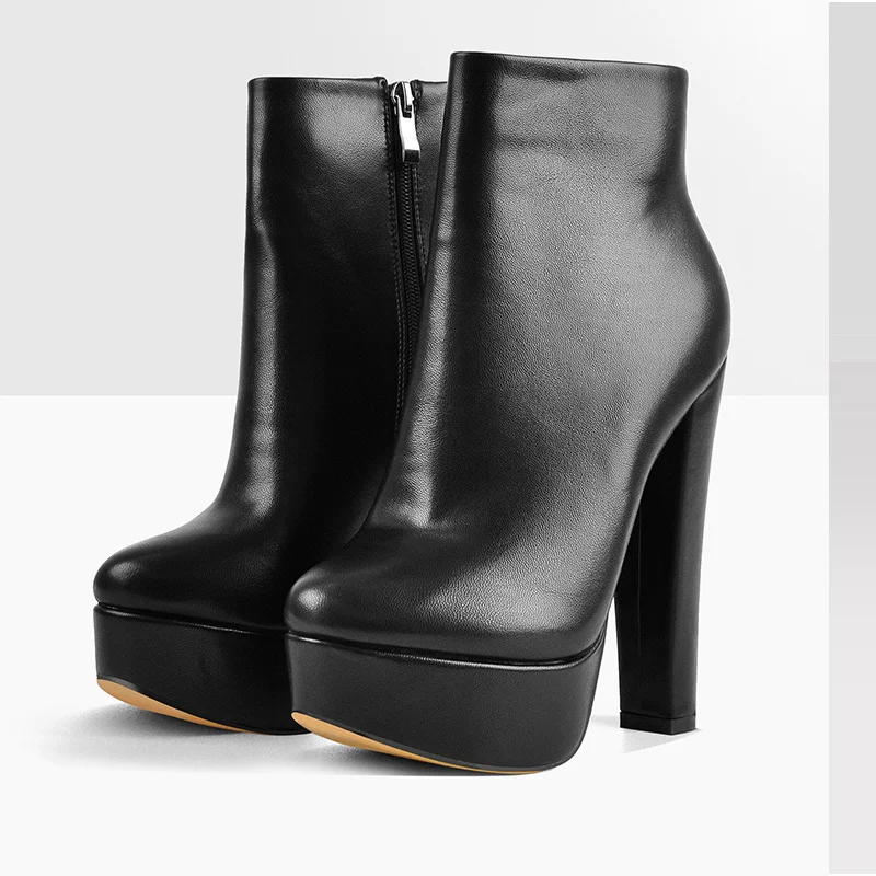 Onlymaker Women Platform Ankel Boots Classic Block Chunky Heel  High Heels Black Big Large Size Round Toe Booties