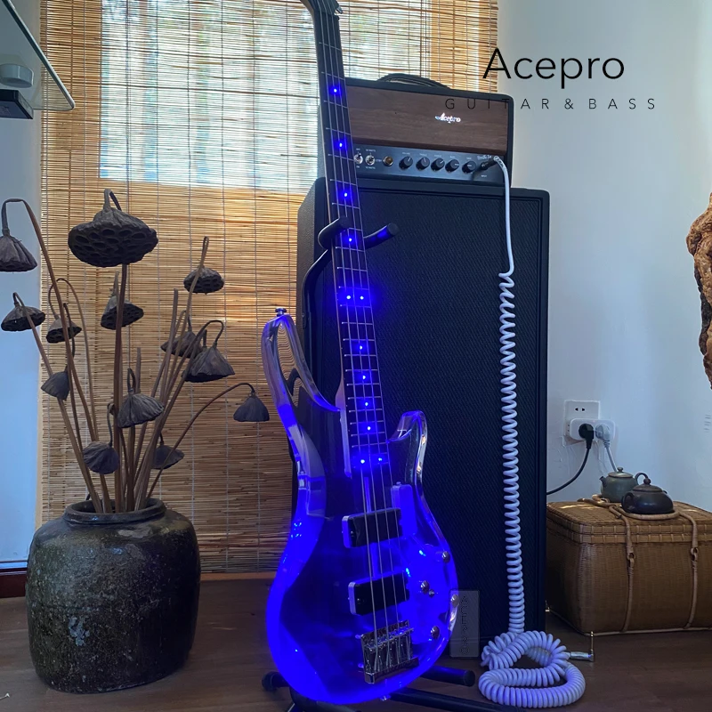 Blue LEDs Light 4 String Acrylic Electric Bass Guitar, Rosewood Fingerboard, Maple Neck, High Quality, Free Shipping