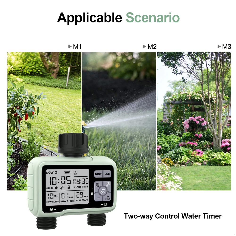 Eshico Large LCD Display 2-Outlet Household Outdoor Irrigation Water Timer Timed Automatic Garden Watering Tool