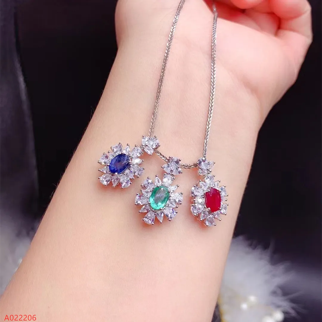 

High-end Jewelry 100% Natural Gemstones 925 Sterling Silver Ruby Sapphire Emerald Women's Necklace + Pendant Girl Gift Party New