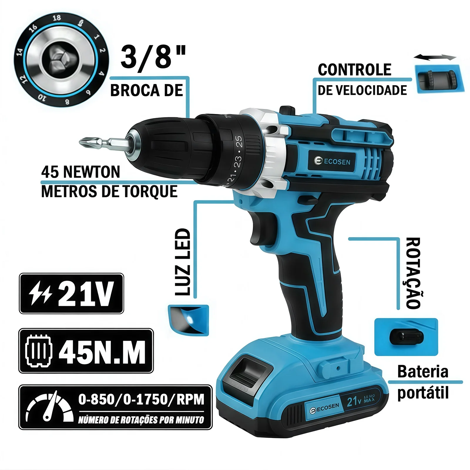 Furadeira Parafusadeira Impacto 3 Funções 21V Kit Completo Com Duas Baterias