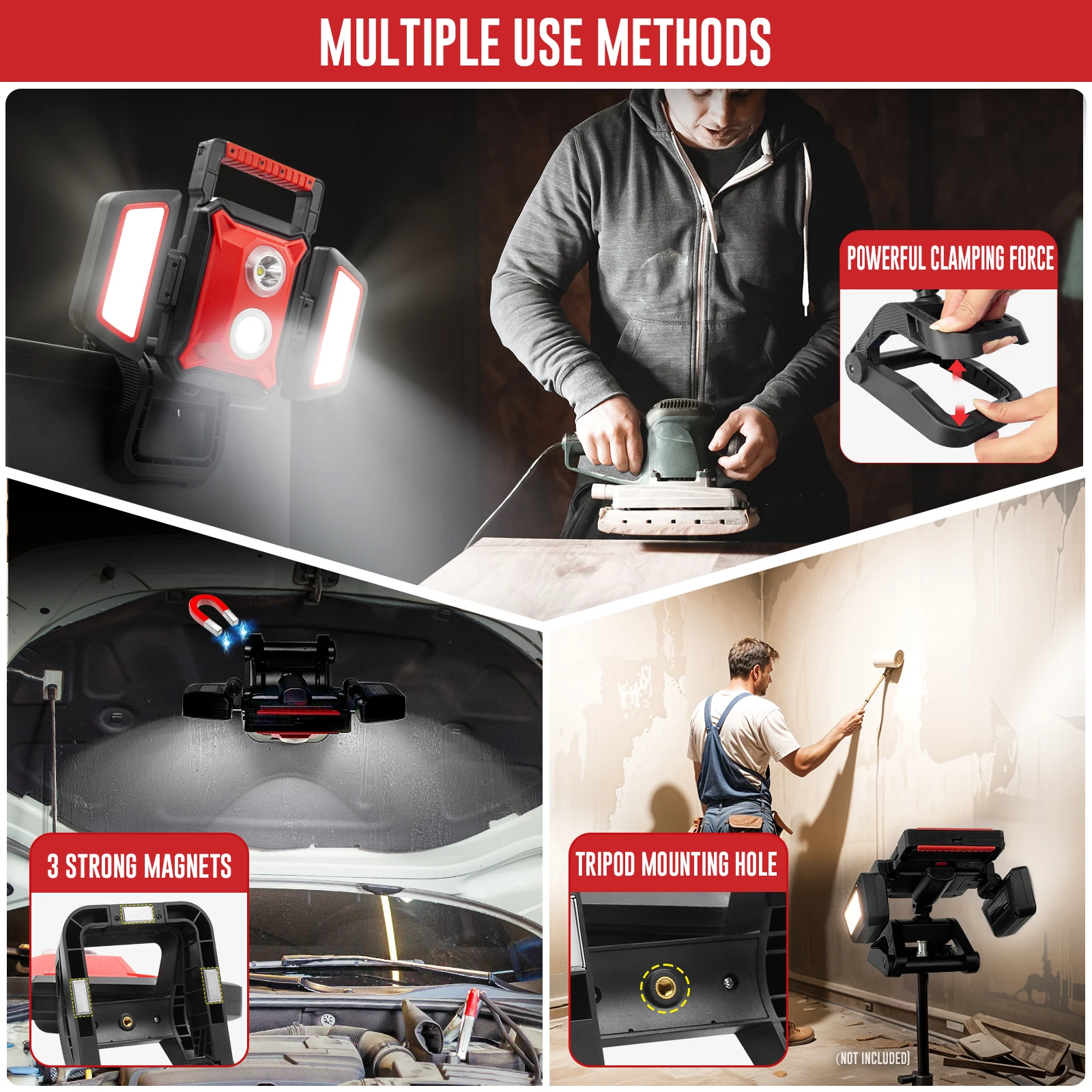 4000LM LED Work Light Rechargeable with Clamp 40W Magnetic Work Light Battery Powered 5 Light Modes Portable Battery Work Light