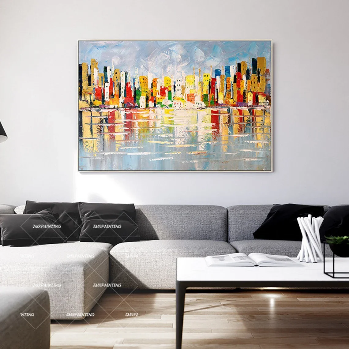 

Hand Painted Chicago Cityscape Painting Canvas, Original texture wall art, livingroom/bedroom framed wall art decor