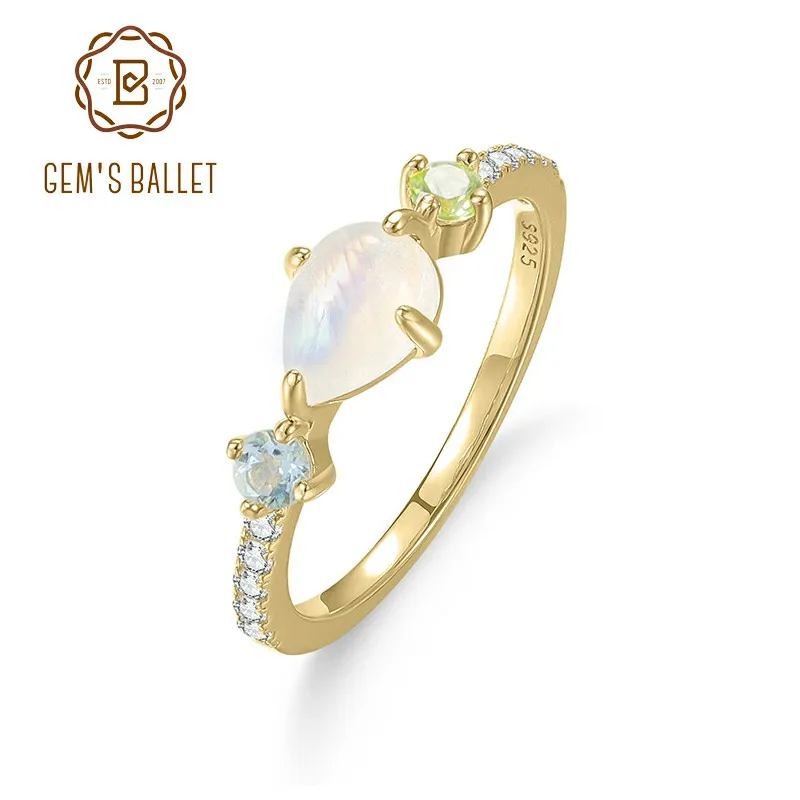 

GEM'S BALLET Грушевидная форма 5x7 мм 3,24 карата Молочно-голубой обручальное кольцо с лунным камнем из стерлингового серебра 925 пробы Позолоченное кольцо Подарок для нее