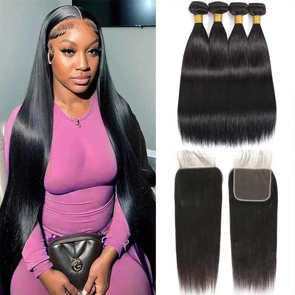 34 36 inch Human Hair Bundles with 4x4 Closure Straight Raw Brazilian Hair Extensions 3 4 Bundles Weave with Transparent Closure