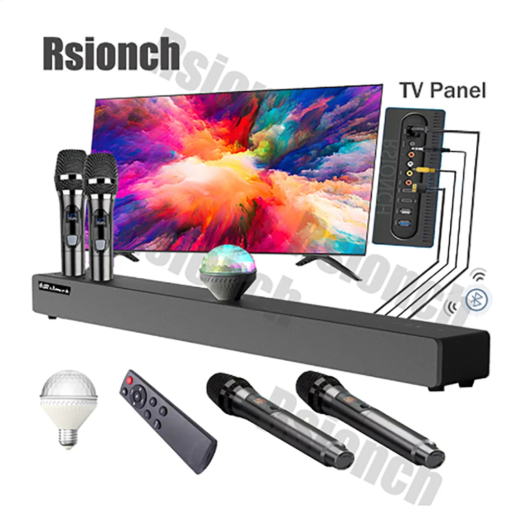 

Rsionch Karaoke Soundbar with Stage Bulb Wireless Microphones Remote 60W Bluetooth Speaker Sound Bar for TV Laptop Projector