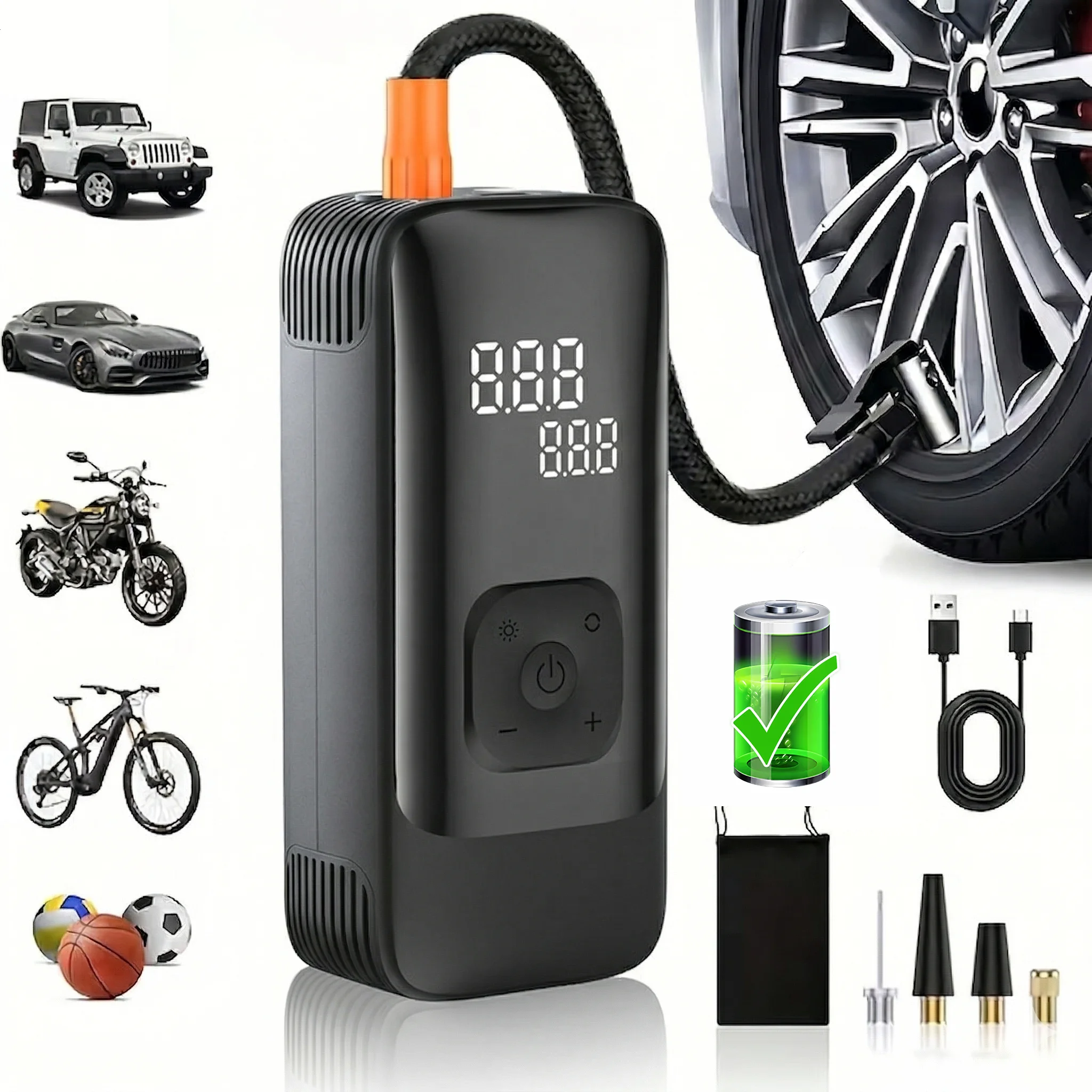 Inflador de Neumáticos Inalámbrico Portátil de 150 PSI, Bomba Compresora de Aire Recargable con Manómetro Digital para Automóvil, SUV, Motocicleta y Bicicleta