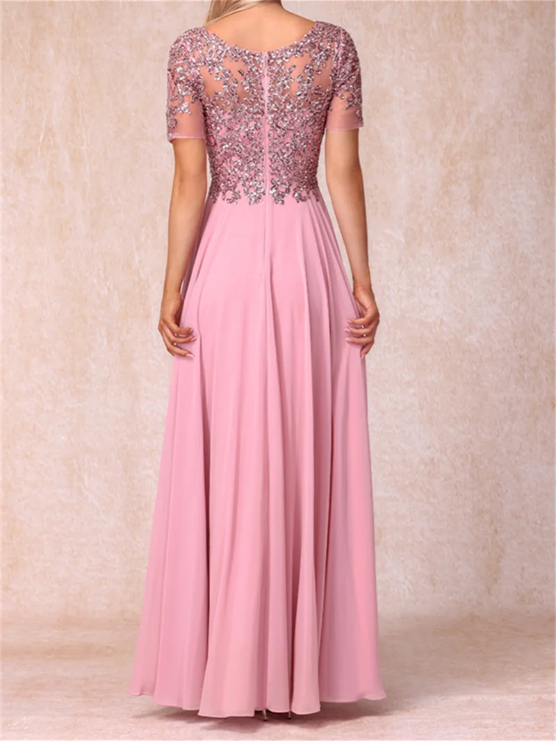 A-Line Chiffon Long Prom Dresses With Sequins & Appliques Sheer Neck Short Sleeves Elegant Evening Formal Dress For Mother