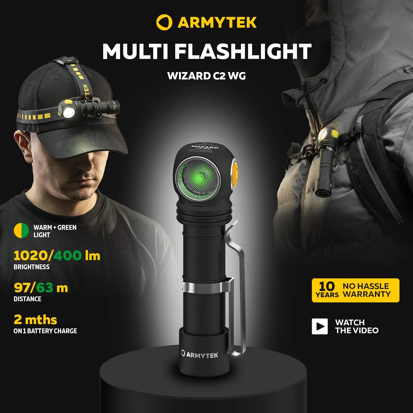 LED Headlamp Armytek Wizard C2 WG USB Rechargeable Multi flashlight 3 in 1 (F09201C/F09201W)