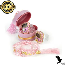 Velvet Boxed Mevlüt Set with Chanting Machine and Pearl Rosary Pink