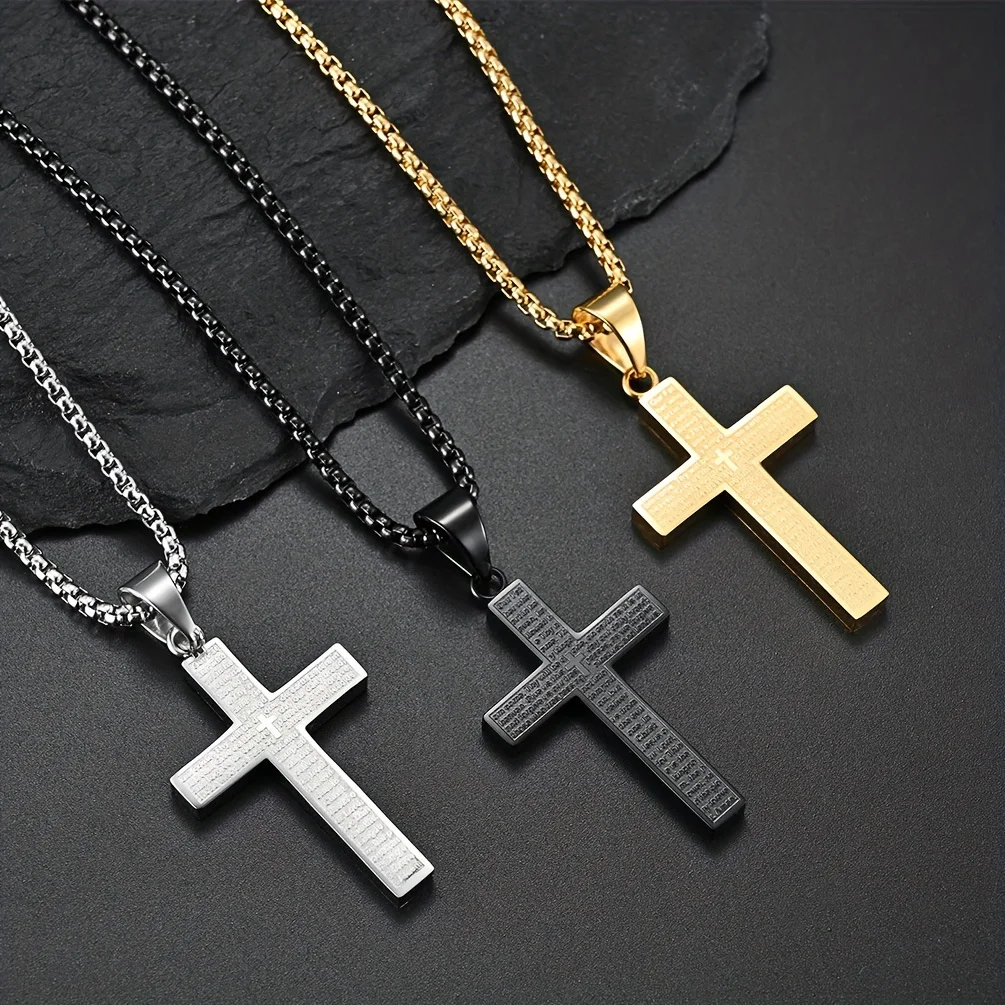 1-Pack Multi-Color High-Quality Hypoallergenic 304 304 304 Stainless Steel Engraved Text Cross Pendant Necklace | 18K Gold Plate