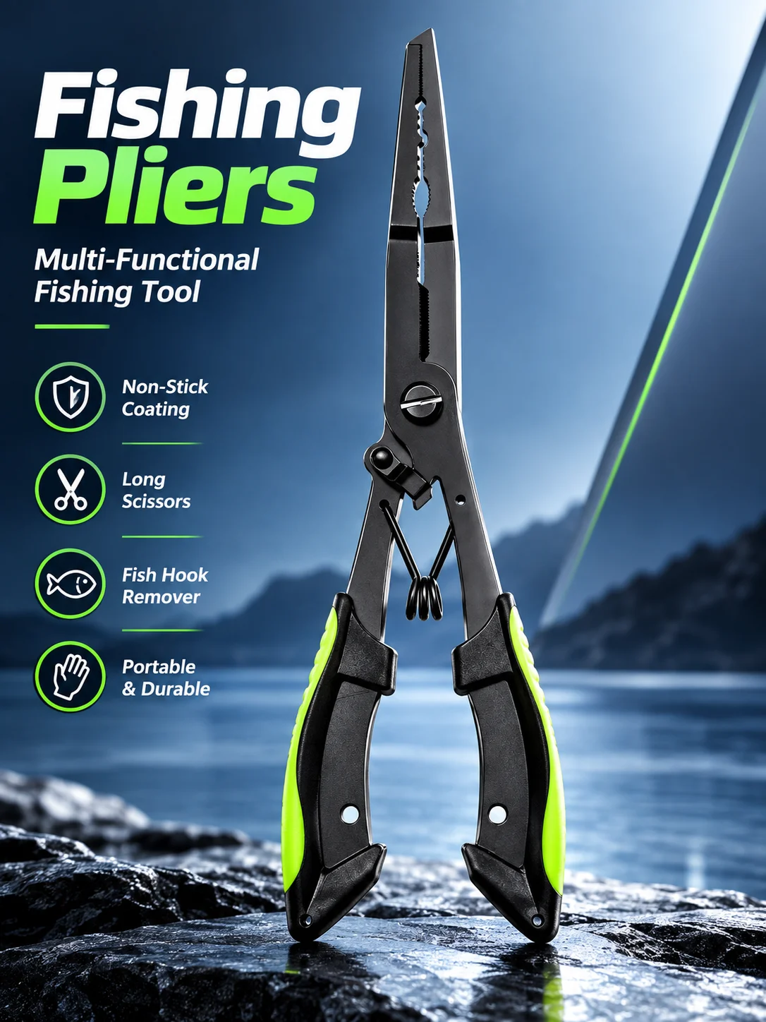 Multifunctional Fishing Pliers with Long Scissors, Fish Hook Remover, Line Cutter, Non-Stick Coating, Portable Fishing Tool