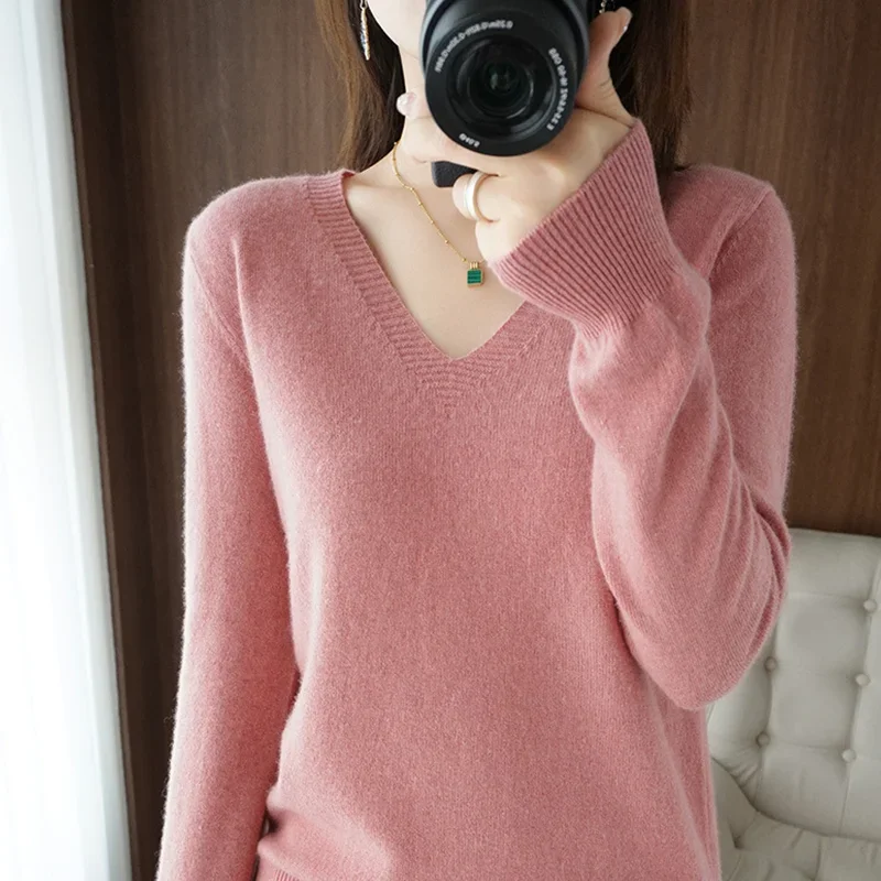 Pull en cachemire à col en V pour femme, col en dentelle, design évidé, décontracté, manches longues, automne, hiver, nouveau