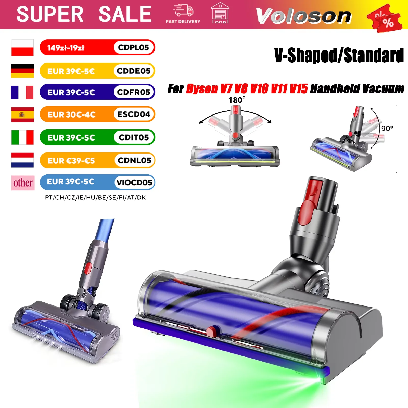 Tête de brosse rotative pour aspirateur Dyson V7 V8 V10 V11 V15 G5, brosse douce avec phare LED, fibre de carbone anti-statique, rotation 180°, nettoyage facile, idéale pour sols durs et tapis