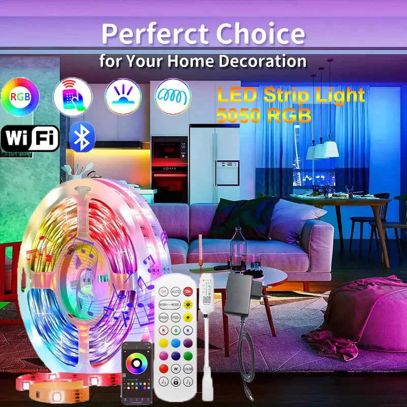 smart rgb led strip lights para decoracao do quarto luz flexivel luz de fita trabalhar com alexa controle de voz wifi dc 12v 5050 30m 01