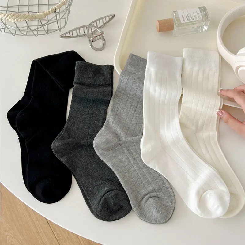 Chaussettes de couleur unie pour femmes, en Fiber de bambou, fines et respirantes, longues, élastiques, mode coréenne, Streetwear, noir, blanc, gris, été