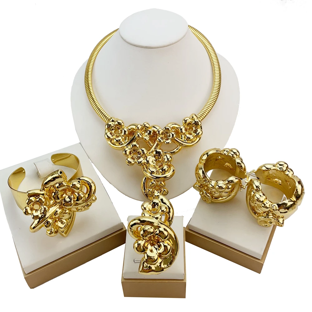 

Fashion Italian Dubai Gold Plated Jewelry Set Simple Style Necklace All Copper Material Light Weight Flower Jewelry FHK19960