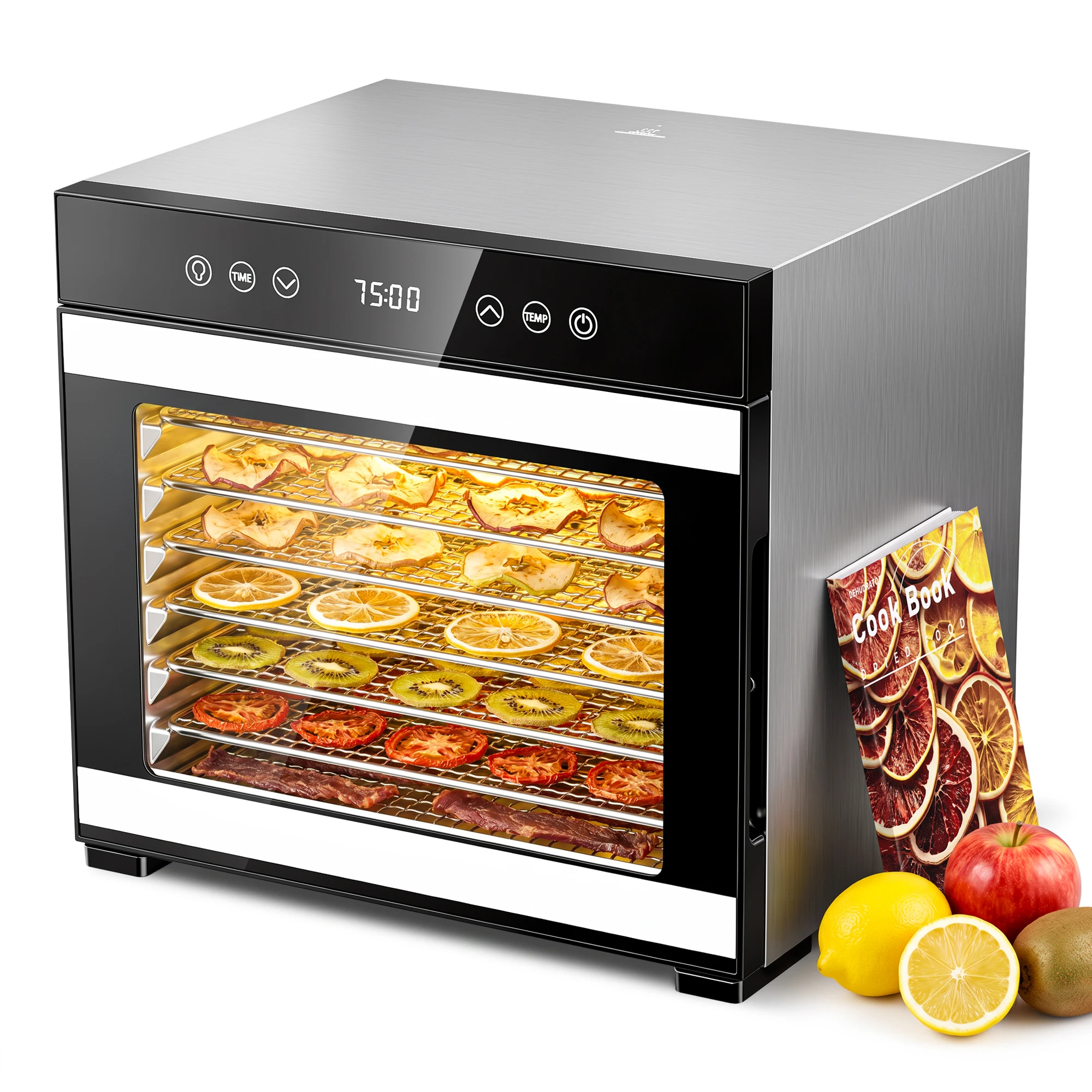 Essiccatore alimentare 650W - Essiccatore con 8 vassoi in acciaio inossidabile, timer 48H, 360 ° Circolazione, mantenimento a caldo 24 ore, per frutta, carne secca, ecc., include libro di ricette