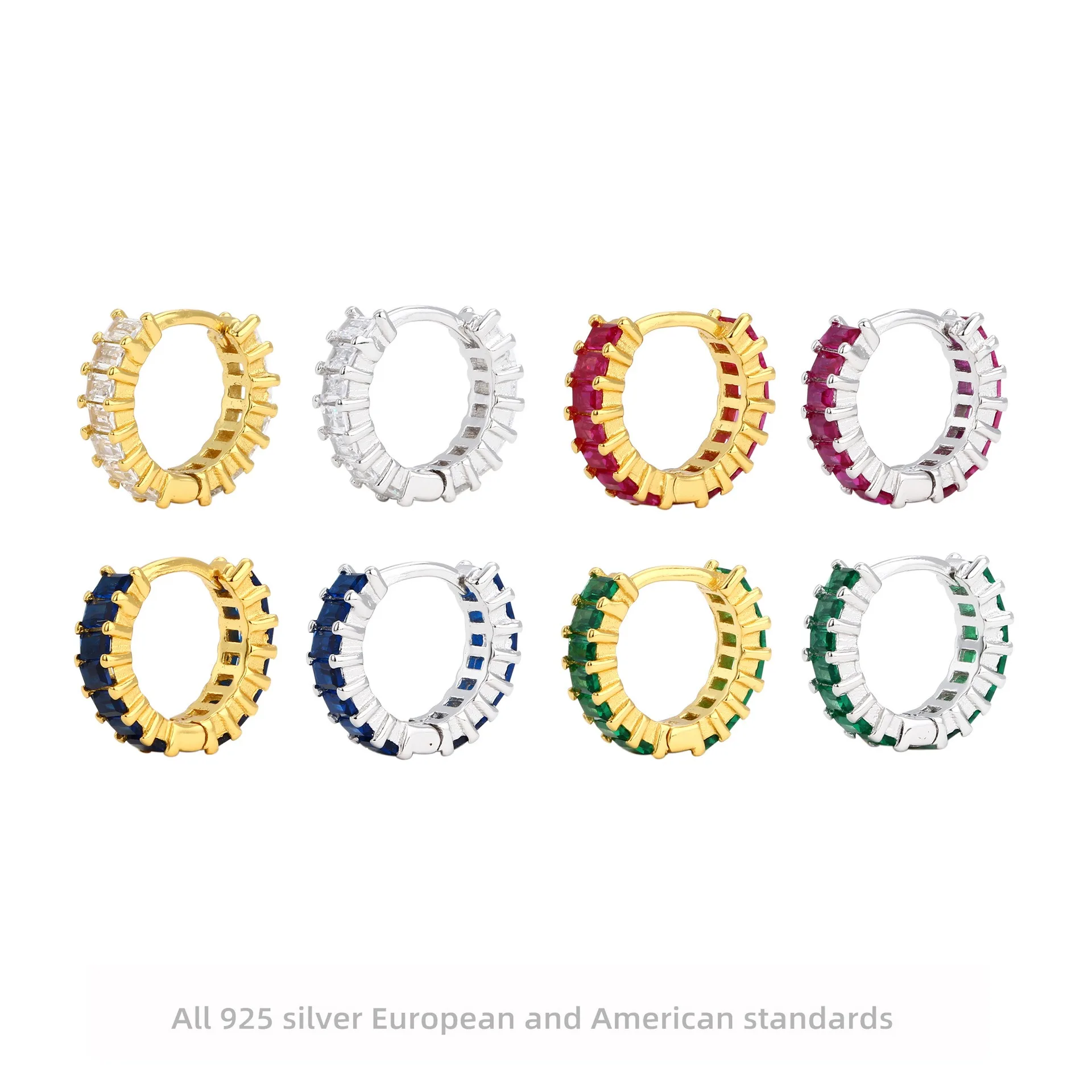 

S925 Sterling Silver French Square Zircon Earrings Colorful Minimalist Hoops for Women Elegant Jewelry Gift