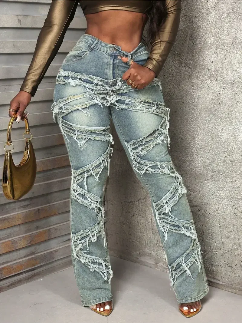 Y2k 90s rua bolso inclinado algodão alto elástico angustiado cru desgastado único borla design retalhos hip hop jeans festival de música