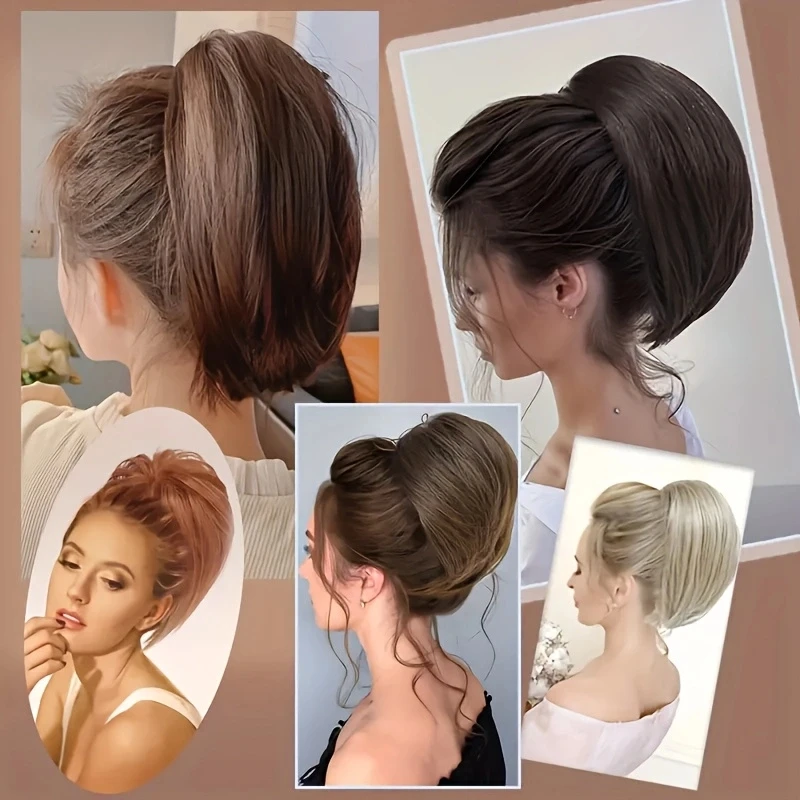 Short synthetic hair bun extension - Comb clip and drawstring updo - bun, ponytail style, easy to wear