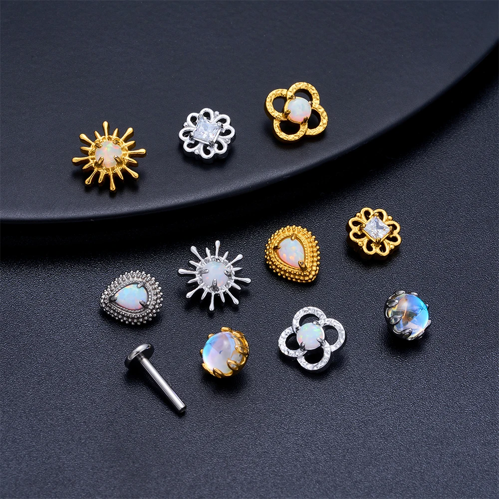 1 قطعة ASTM F136 التيتانيوم الزركون شقة عودة القرط زهرة الأذن ترصيع الفص اللولب الزنمة الغضروف ثقب المجوهرات 16 جرام