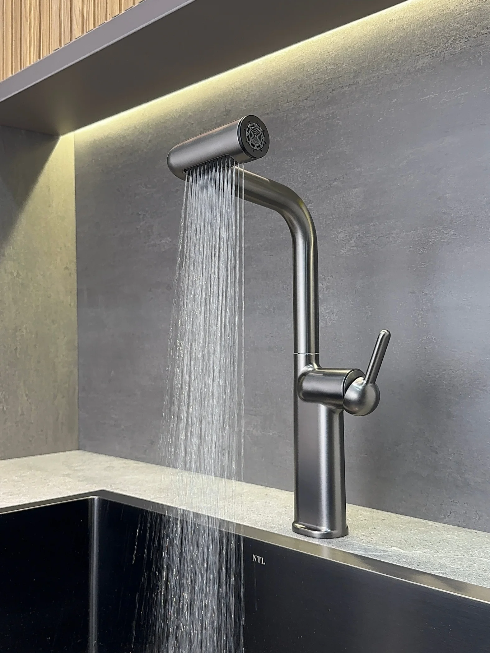 GOGI Gunmetal Gray Kitchen Sink Faucet Solid Brass Pull‑Out Sprayer Tap Ceramic Cartridge Hot Cold Water Mixer 3 Water Flow Mode
