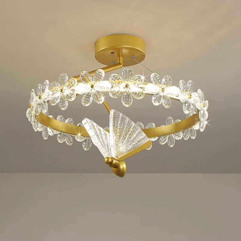 Modern Simple Iron Gold Paint Round LED Dimming Light Chandelier Crystal Flower Butterfly Bedroom Livingroom Fixture 500mm Lamp