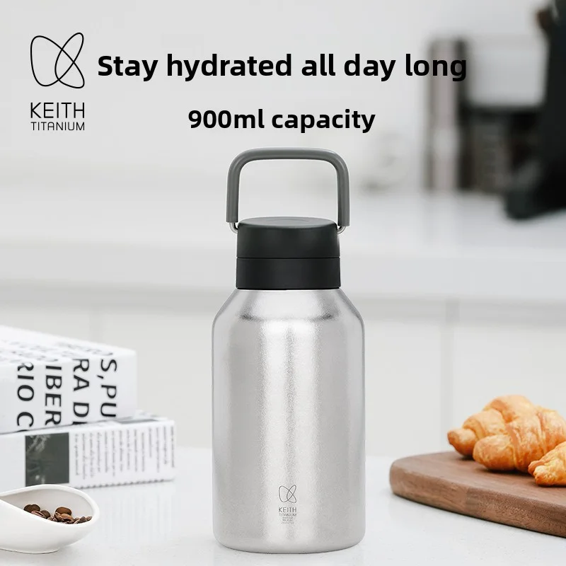 KEITH Pure Titanium Insulated Water Bottle 900ml, Hot & Cold Retention Flask with Carry Handle for Hiking Gym Daily Use