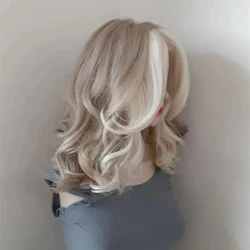 Ash Blonde Lace Front Wig Curly Money Piece Highlights Short Wig 16'' Heat Resistant Synthetic Hair Lace Wigs Ladies Daily Use