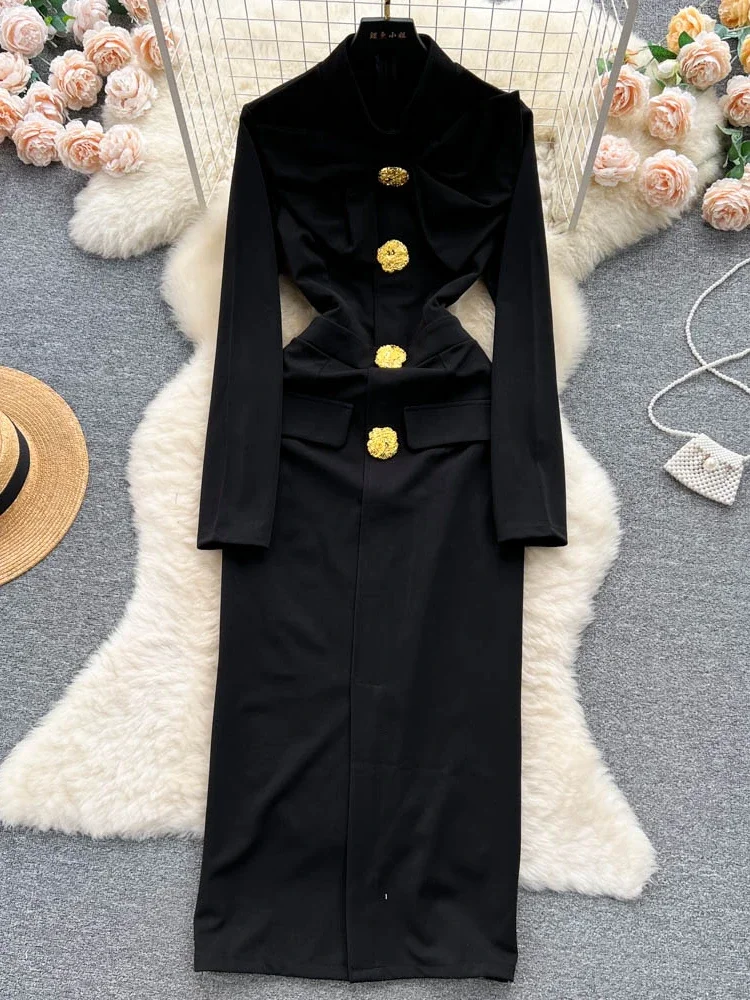 New Casual Spring Summer Solid Slim Button Full Lady Dress A Line O Neck Chiffon Pullover Women Dresses