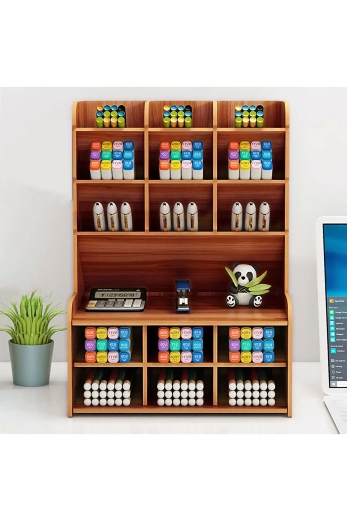 Desktop Wooden 9+9 Shelves Desktop Pen Holder Organizer Home And Office Supplies Storage Rack Pen Holder Assembled Desk Pen Hold