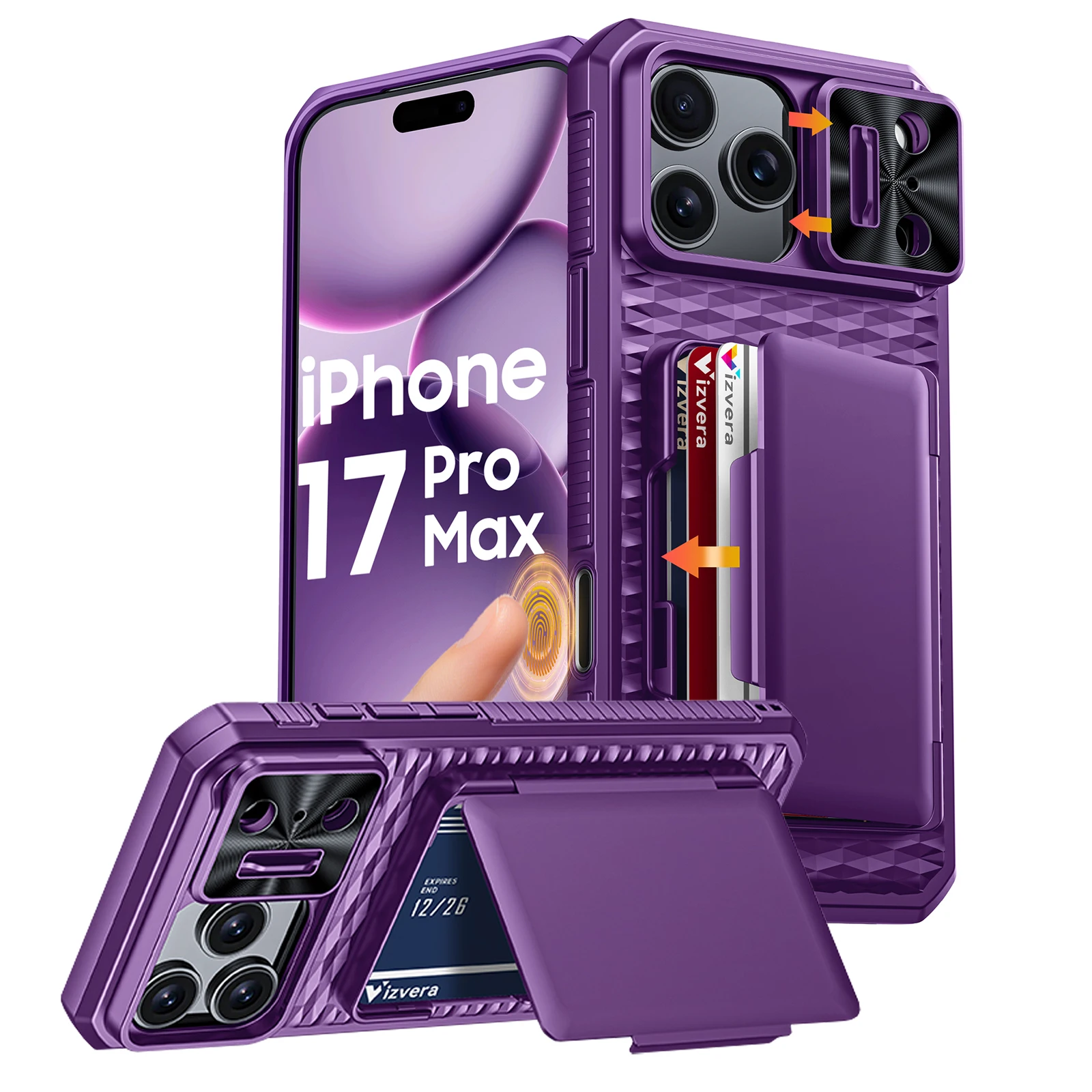 Met kaarthouder, verschuifbare camerahoes en standaard voor iPhone 17 Pro/17 Pro Max telefoonhoesje, anti-val pc + TPU portemonnee-hoesje-oranje