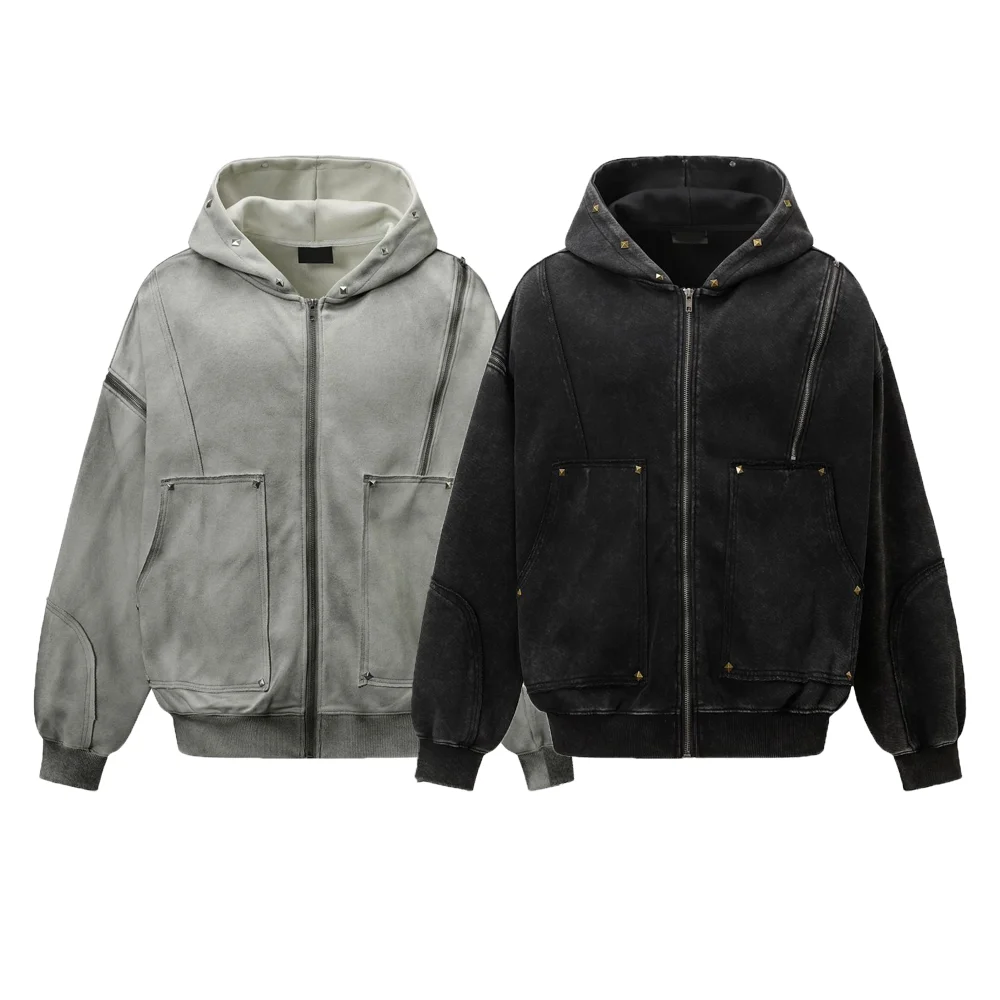 

American Vintage Outwear Dirty Wash Zip up Hoodie Coat Side Zipper High Street Cotton Jacket for Autumn Spring