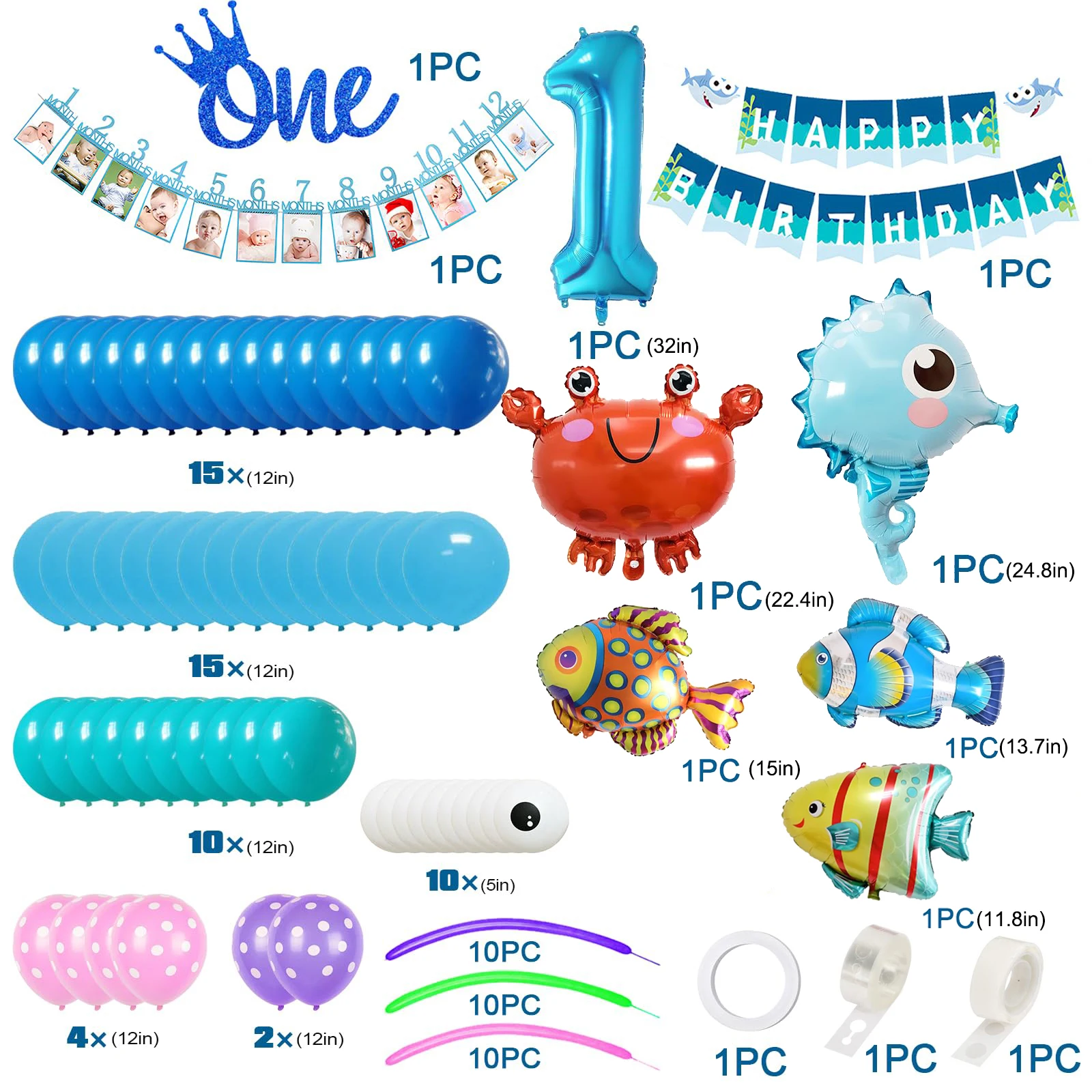 Sea Theme Birthday Party Decoration with Sea Animal Balloons Birthday Banner Photographic Garland for Baby's First Birthday