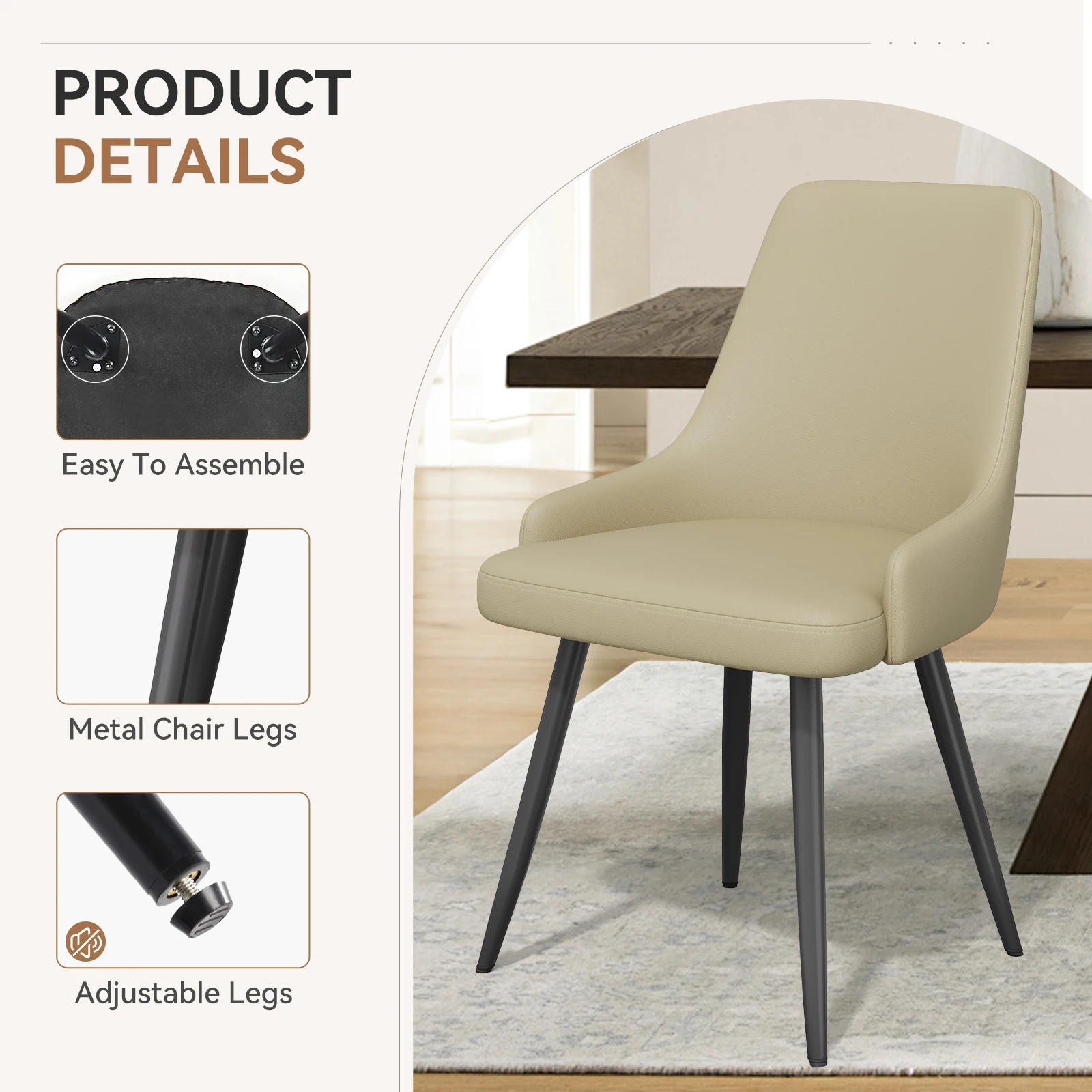 طقم كراسي طعام حديثة مكون من كراسي طعام منجدة مريحة من الجلد الصناعي مع أرجل معدنية ووسائد سميكة