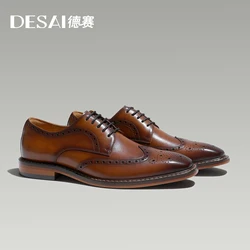 DESAI Anti Slip on Genuine Leather Business Handmade Dress Brogue Shoes for Men 2024