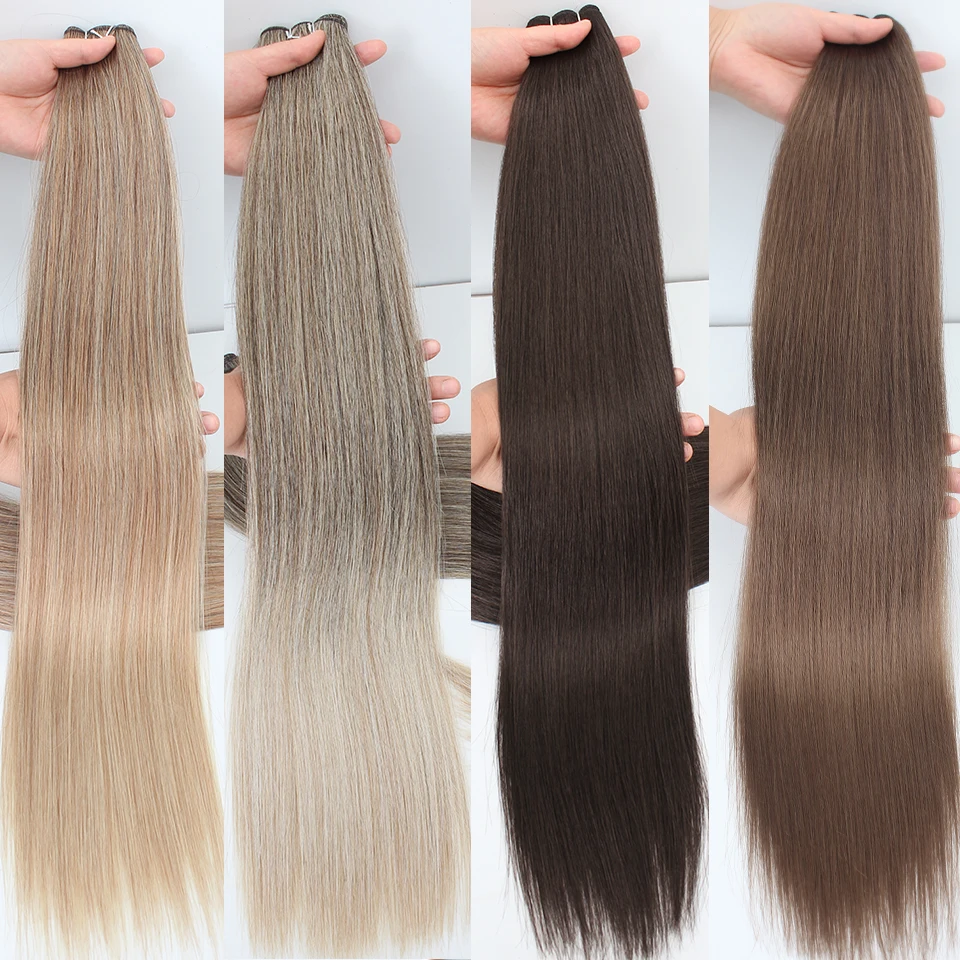 وصلات شعر صناعية مستقيمة طبيعية خياطة في ألياف مقاومة للحرارة وصلات شعر ذيل حصان 26 "200 جرام خصلات شعر