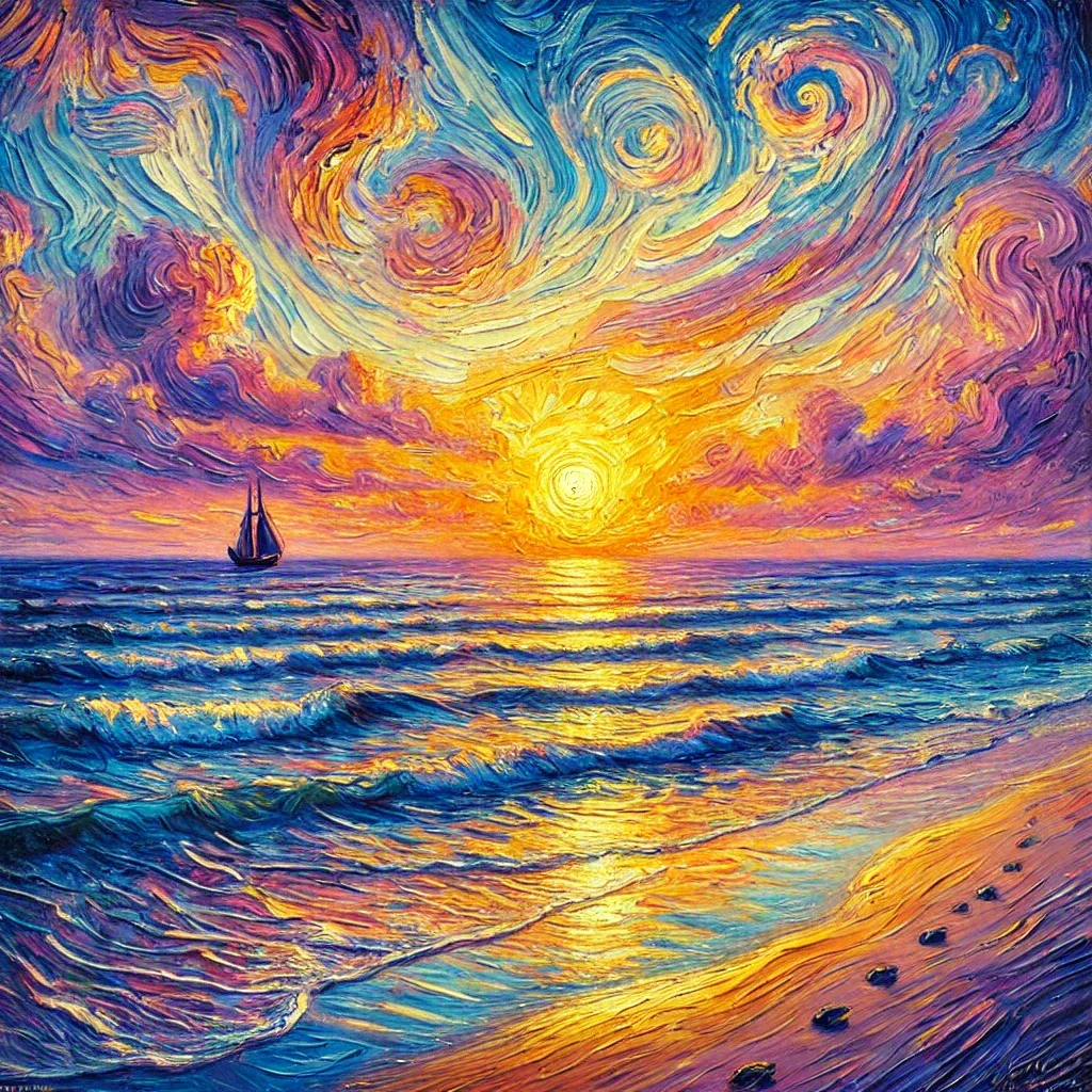 Sunset Seascape Wall Art Canvas Oil Painting,  Abstract Starry Sky, Van Gogh Style Modern Art,Home Decor for Living Room by Hand