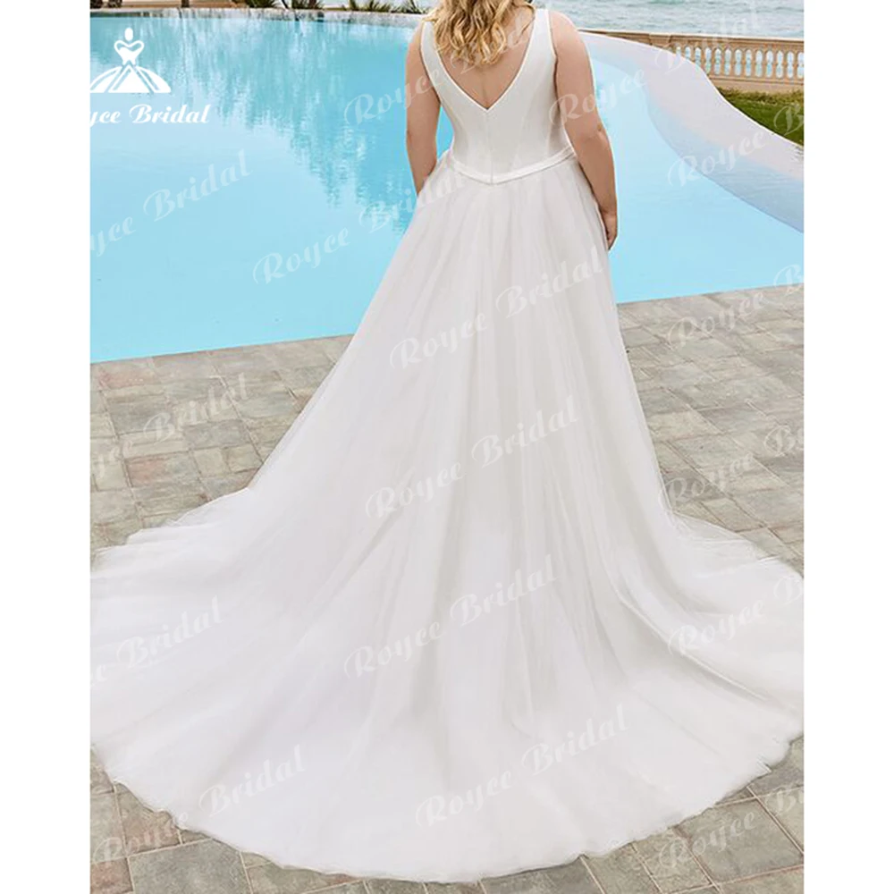 Semplice Sexy scollo A V con scollo A V con spalle scoperte fiocco Plus Size una linea abito da sposa abiti da sposa da spiaggia Sweep Vestidos De Novia Robe