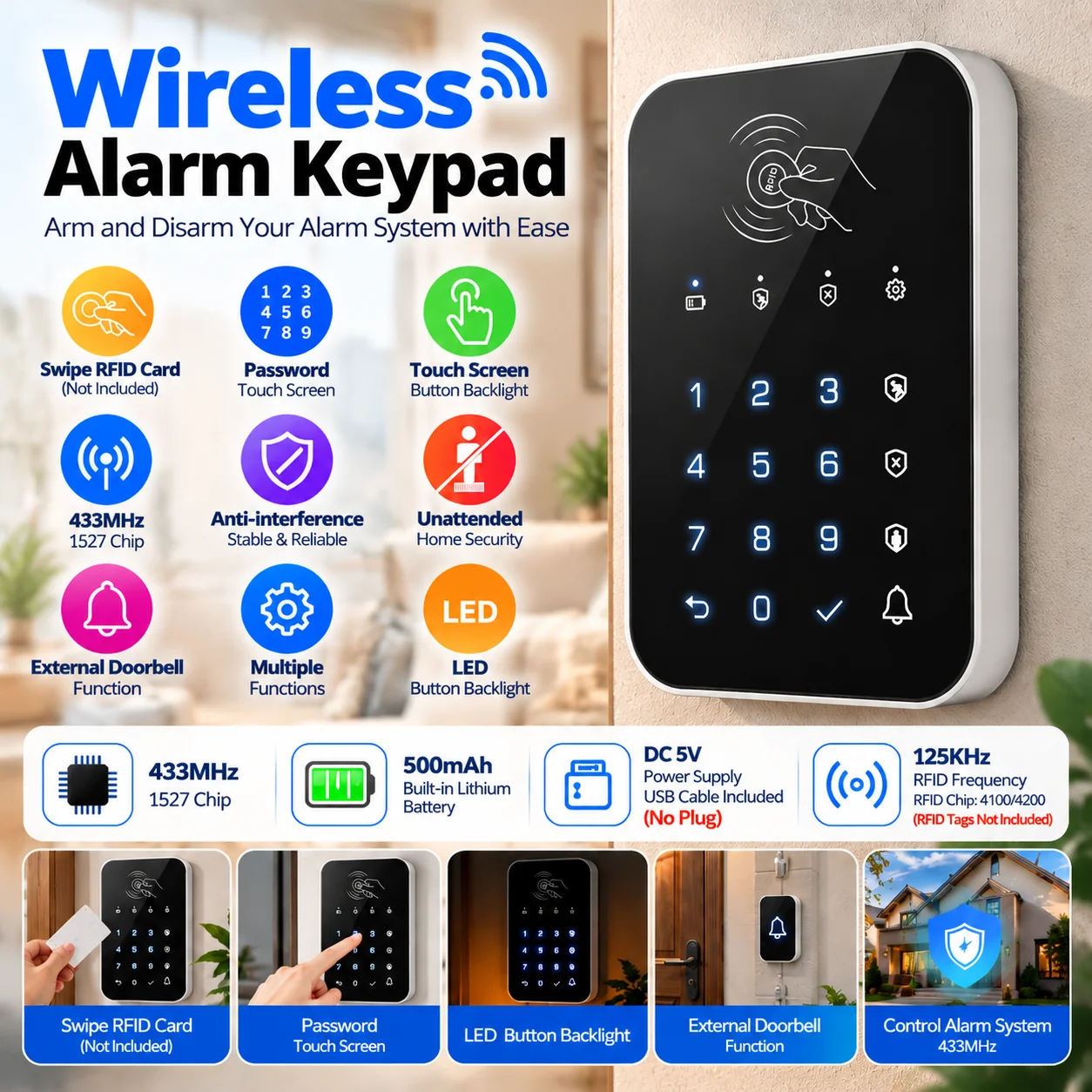 433MHz Wireless Touch Keyboard Arm Or Disarm Password Keypad For Home Security Alarm System Tuya Smart WIFI GSM System