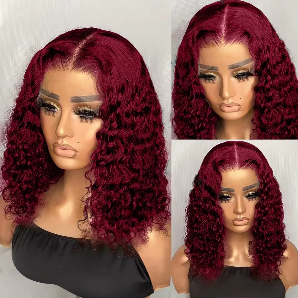 Wig Renda Depan 13X4 Wig Depan Renda Merah Marun 99J Bob Keriting 100% Rambut Manusia Wig Gelombang Air Dalam Pendek Merah Wig Depan Renda Bob